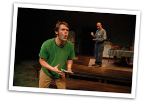 Miles (Richard Fromm) practices being a cow while Morgan (Richard M. Davidson) looks on. Photo: John R. Schoonover.